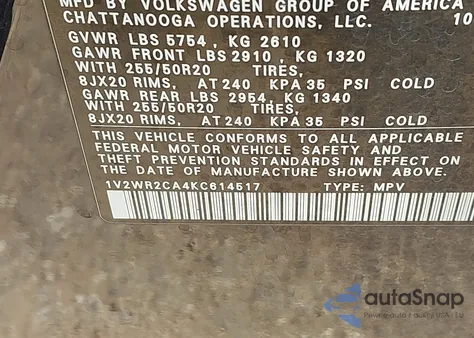 2019 Volkswagen Atlas 3.6L V6 Se W/Technology z USA, uszkodzony, nr VIN 1V2WR2CA4KC614517